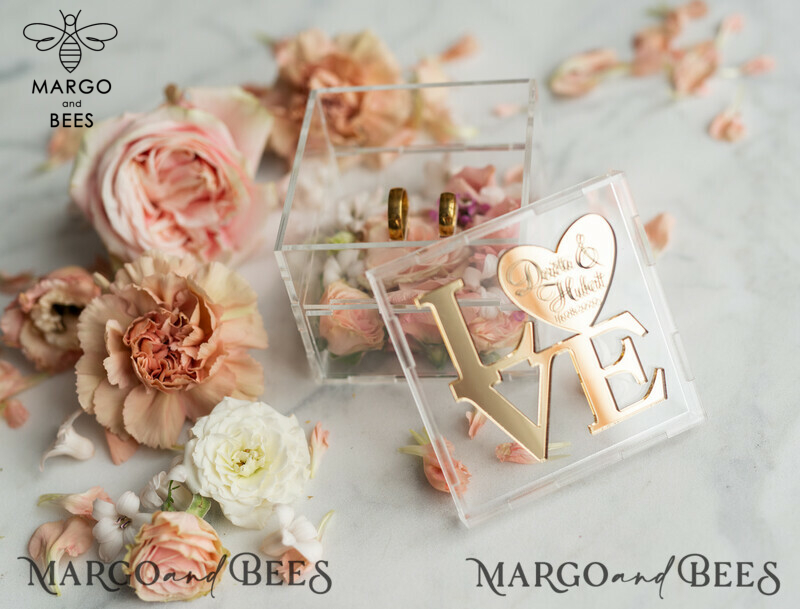 Handcrafted Rustic Glam Gold Love Wedding Ring Box: Clear Transparent Luxury for a Touch of Elegance-5