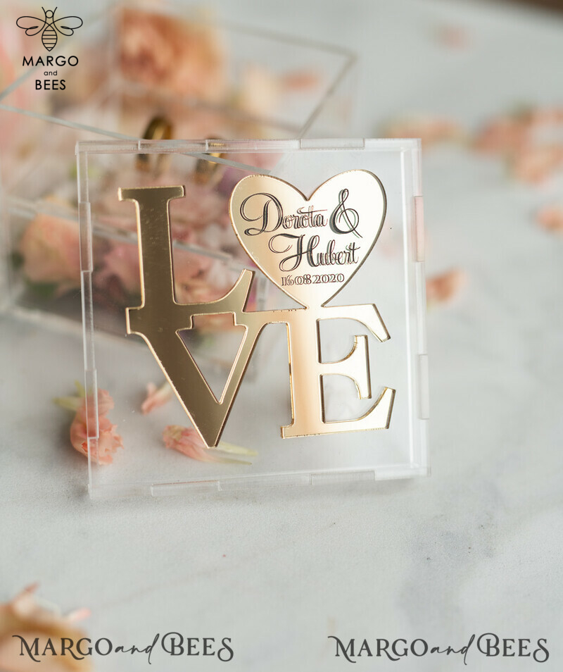 Gold Love wedding Box, rustic glam wedding ring box  • handmade ring bearer box • Clear Transparent luxury ring box-0