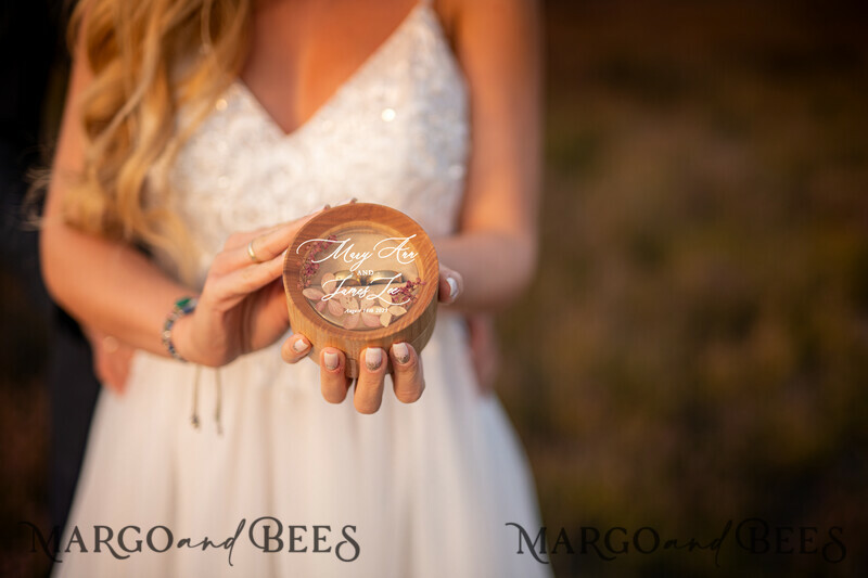 Luxury Resin Wedding Ring Box, Minimalistic Engraved Real Flower Ring Box, Personalized Epoxy Box With Nude Velvet, Rustic Bespoke Ring Box-1