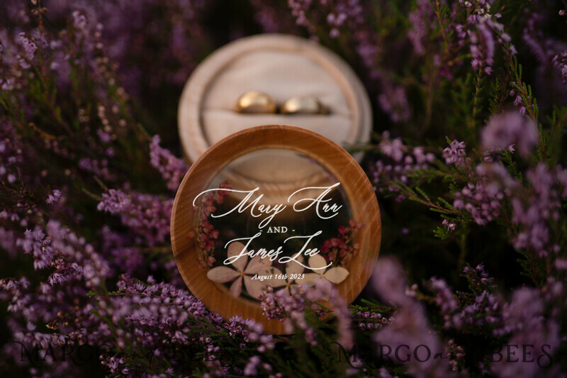 Luxury Resin Wedding Ring Box, Minimalistic Engraved Real Flower Ring Box, Personalized Epoxy Box With Nude Velvet, Rustic Bespoke Ring Box-3
