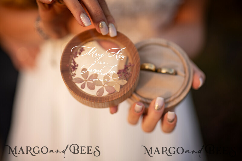 Luxury Resin Wedding Ring Box, Minimalistic Engraved Real Flower Ring Box, Personalized Epoxy Box With Nude Velvet, Rustic Bespoke Ring Box-0