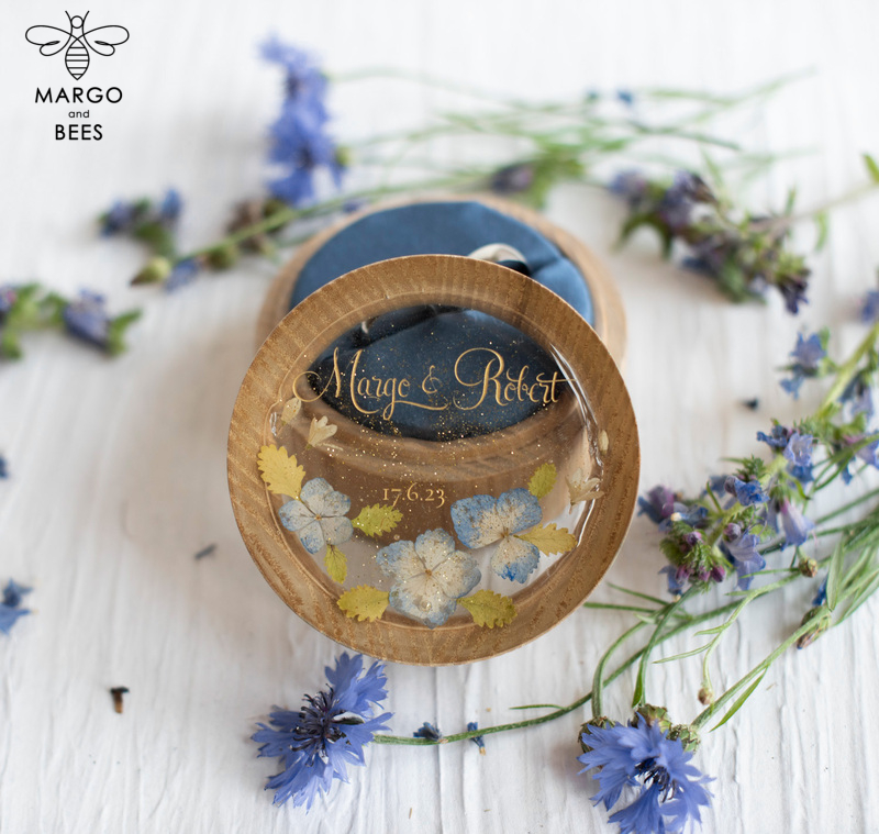 wooden wedding ring box  • rustic ring bearer box • real flowers in resin luxury ring box-3