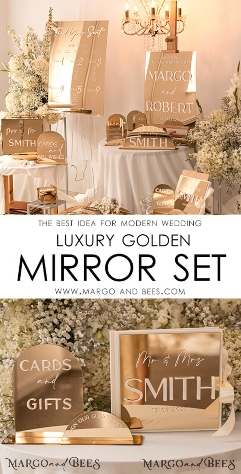 Luxury Wedding GuestBook and Sign Set, Bulk Gold Mirror Instant Photo Book & sign Boho Elegant Instax Wedding Photo Guestbook-6