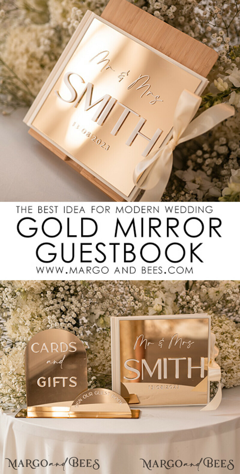 Luxury Wedding GuestBook and Sign Set, Bulk Gold Mirror Instant Photo Book & sign Boho Elegant Instax Wedding Photo Guestbook-3