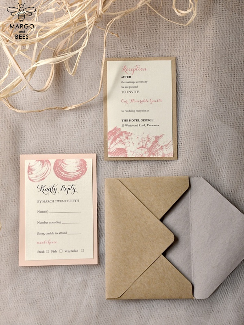 Beach peach Wedding invitations Seashells Wedding Invites destination wedding Cards with tag -1