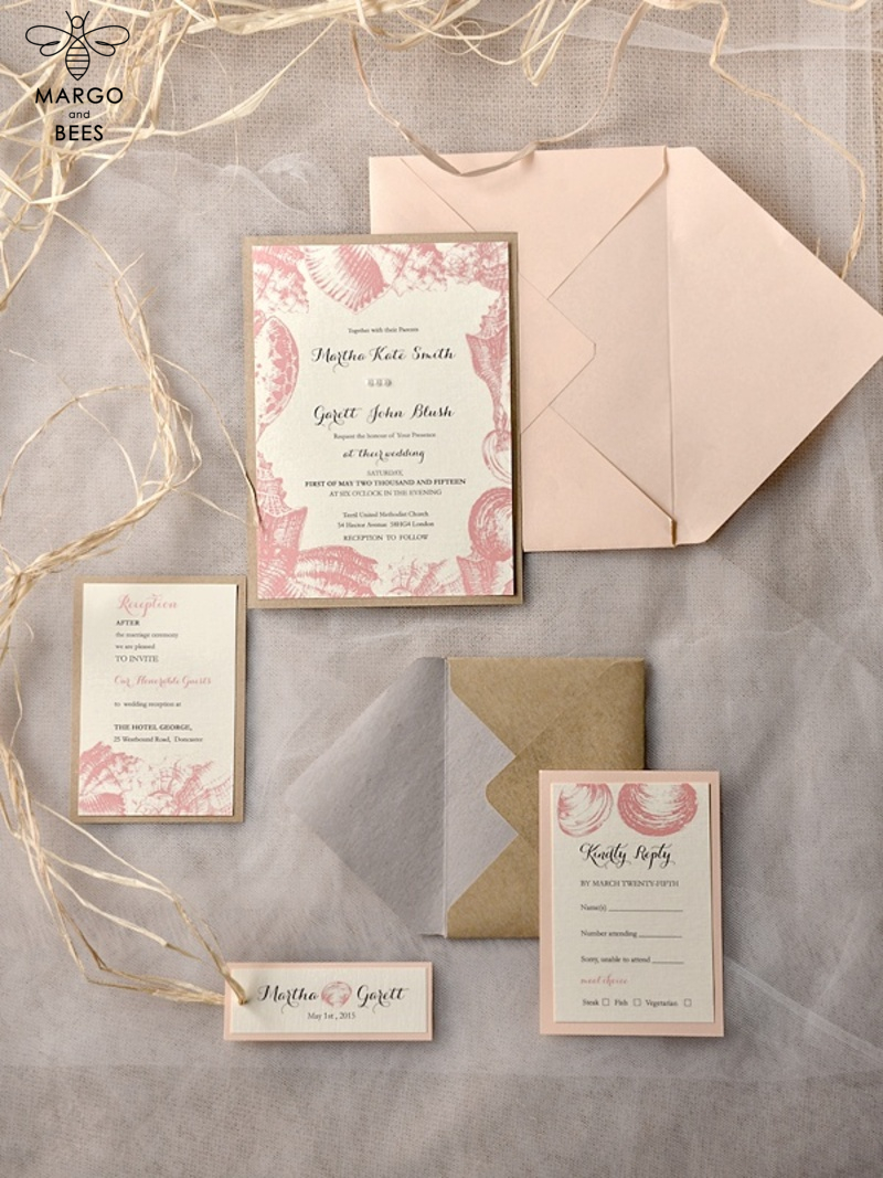 Beach peach Wedding invitations Seashells Wedding Invites destination wedding Cards with tag -2