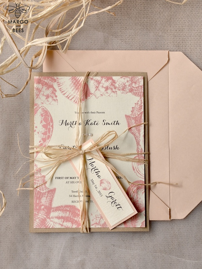 Beach peach Wedding invitations Seashells Wedding Invites destination wedding Cards with tag -4