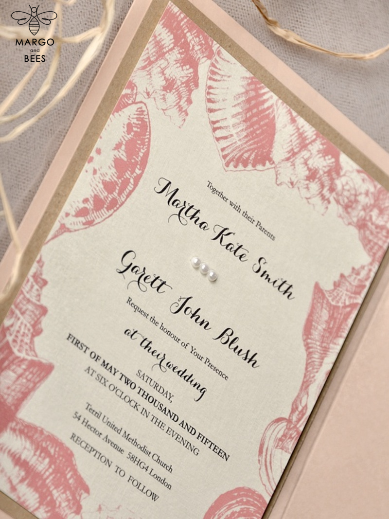 Beach peach Wedding invitations Seashells Wedding Invites destination wedding Cards with tag -6