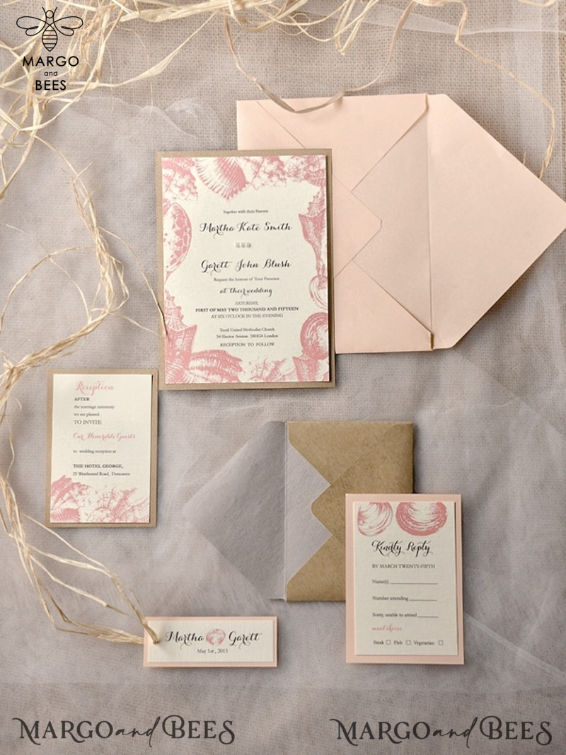 Beach peach Wedding invitations Seashells Wedding Invites destination wedding Cards with tag -2