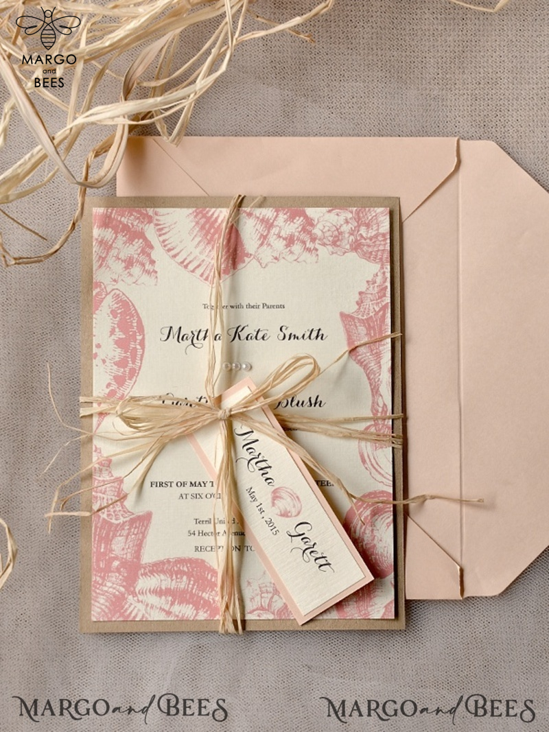 Beach peach Wedding invitations Seashells Wedding Invites destination wedding Cards with tag -4