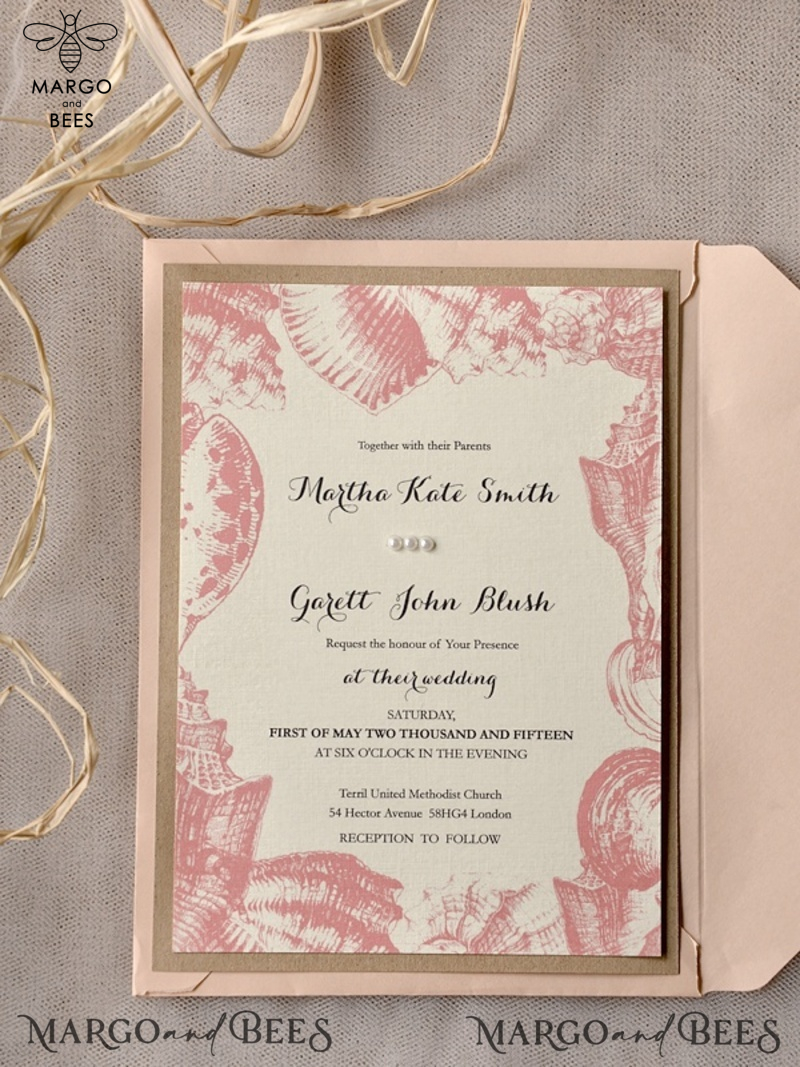 Beach peach Wedding invitations Seashells Wedding Invites destination wedding Cards with tag -5