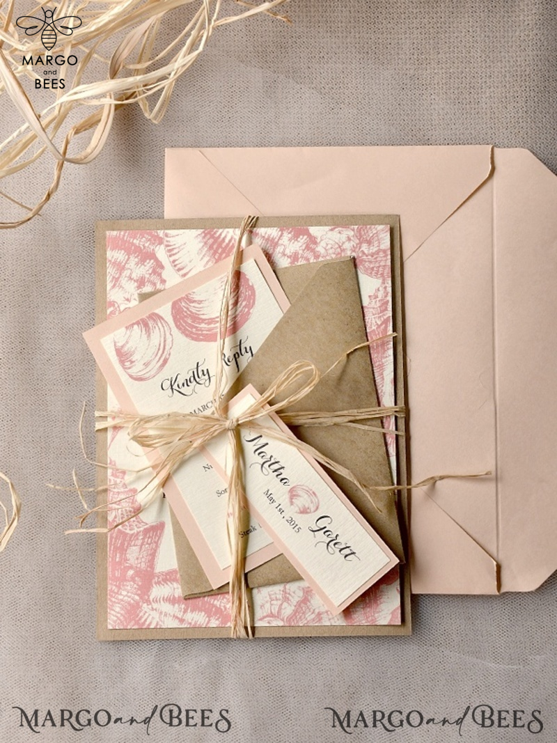 Beach peach Wedding invitations Seashells Wedding Invites destination wedding Cards with tag -0