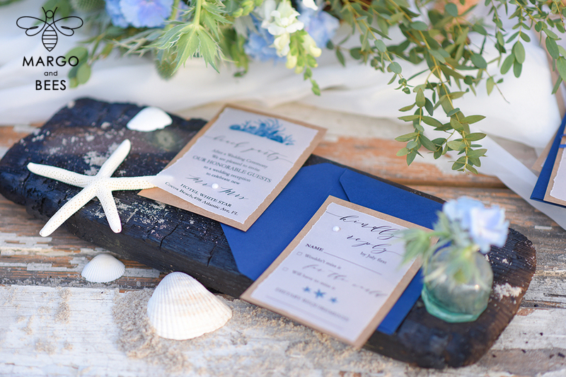 Beach Wedding invitations Navy Wedding Invites destination wedding Cards with vellum and pearls-1