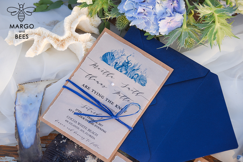 Beach Wedding invitations Navy Wedding Invites destination wedding Cards with vellum and pearls-4