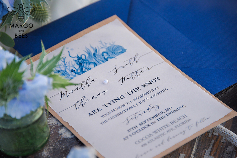 Beach Wedding invitations Navy Wedding Invites destination wedding Cards with vellum and pearls-7