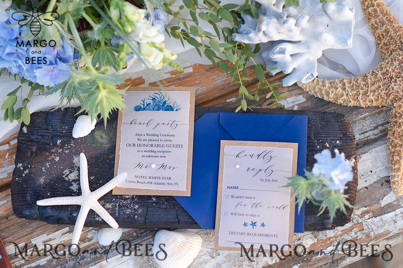 Beach Wedding invitations Navy Wedding Invites destination wedding Cards with vellum and pearls-2