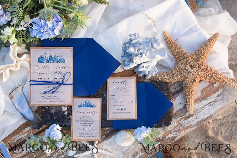 Beach Wedding invitations Navy Wedding Invites destination wedding Cards with vellum and pearls-3