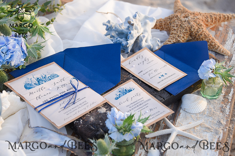 Beach Wedding invitations Navy Wedding Invites destination wedding Cards with vellum and pearls-5
