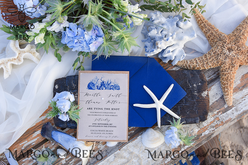 Beach Wedding invitations Navy Wedding Invites destination wedding Cards with vellum and pearls-6