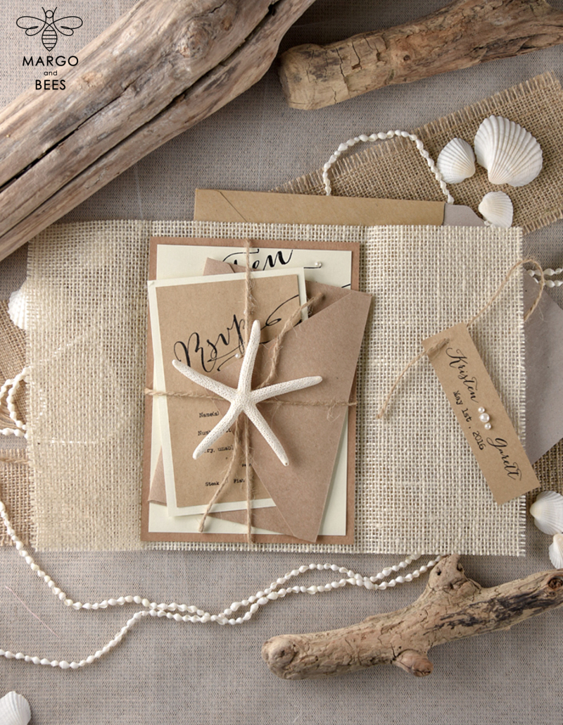 Beach Wedding invitations Sea Shell Wedding Invites destination  wedding Cards wit burlap wrapping -1