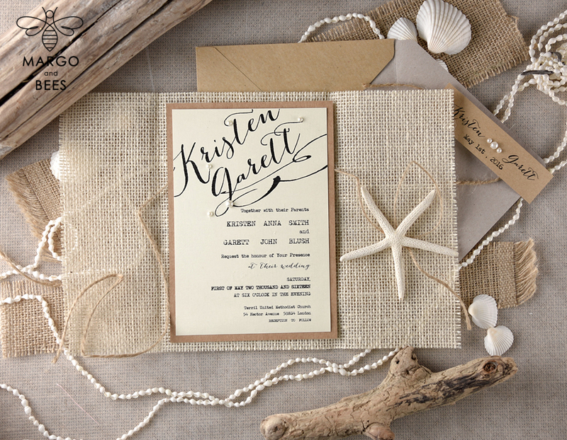 Beach Wedding invitations Sea Shell Wedding Invites destination  wedding Cards wit burlap wrapping -8