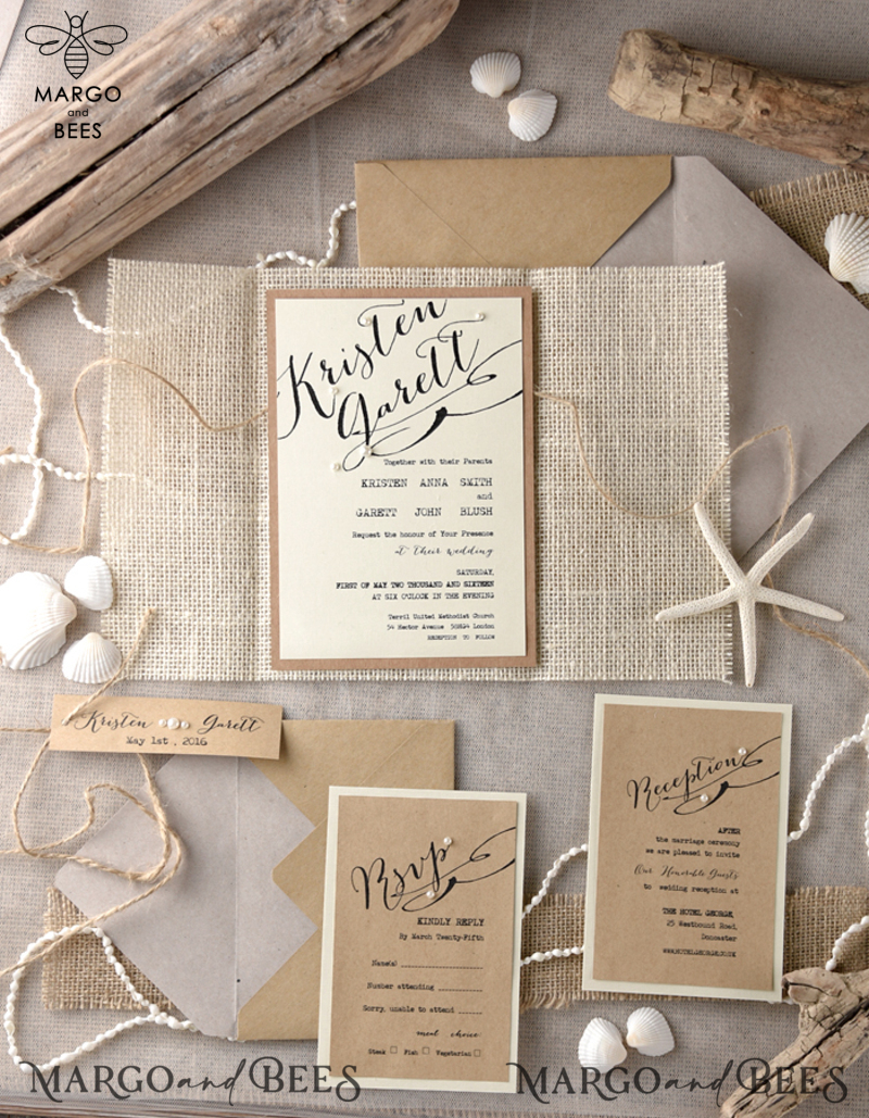 Beach Wedding invitations Sea Shell Wedding Invites destination  wedding Cards wit burlap wrapping -10