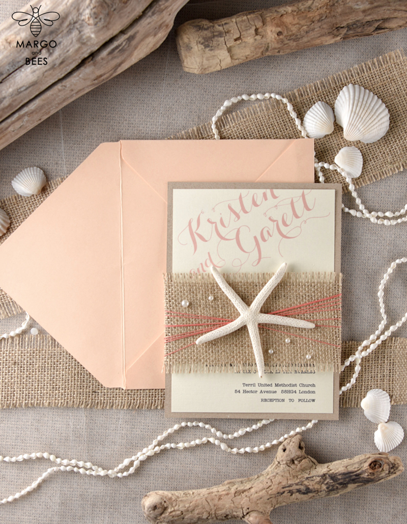 Beach Wedding invitations starfish burlap belly band  Wedding Invites destination wedding Cards with  pearls-1