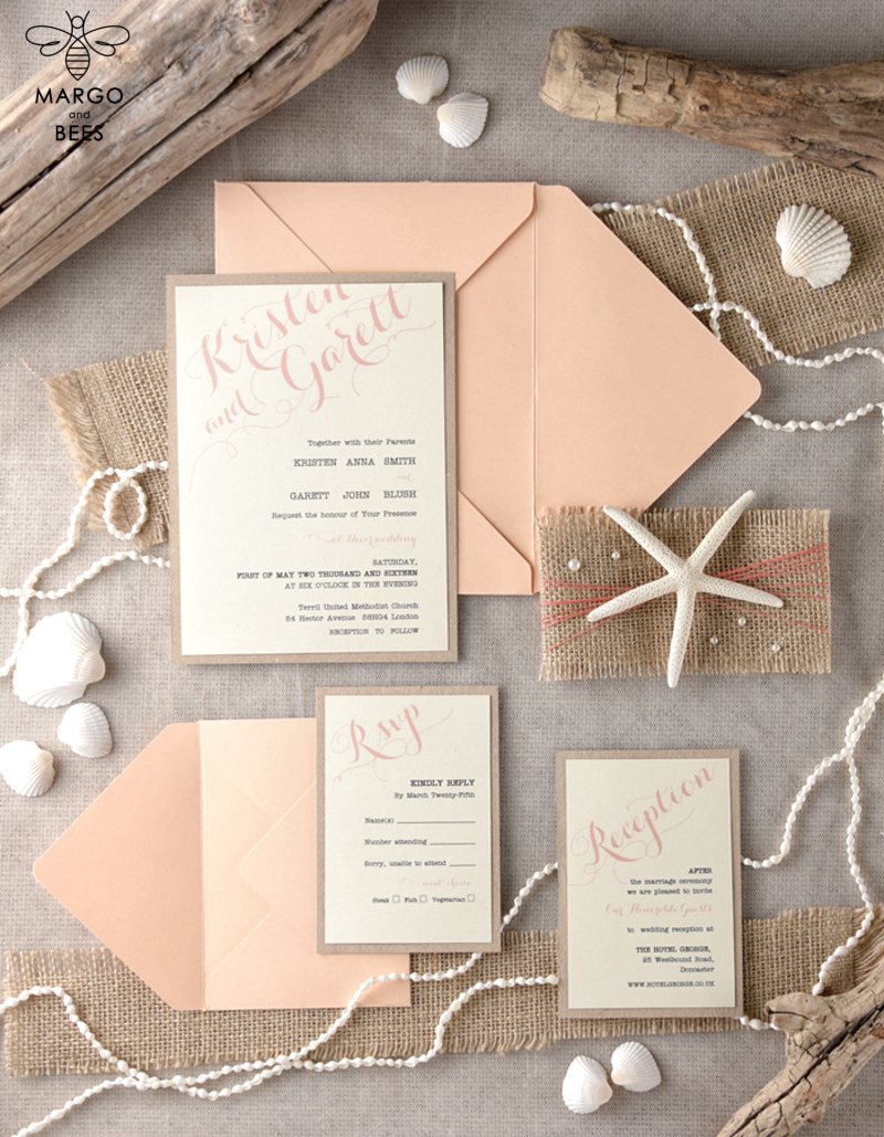 Beach Wedding invitations starfish burlap belly band  Wedding Invites destination wedding Cards with  pearls-6