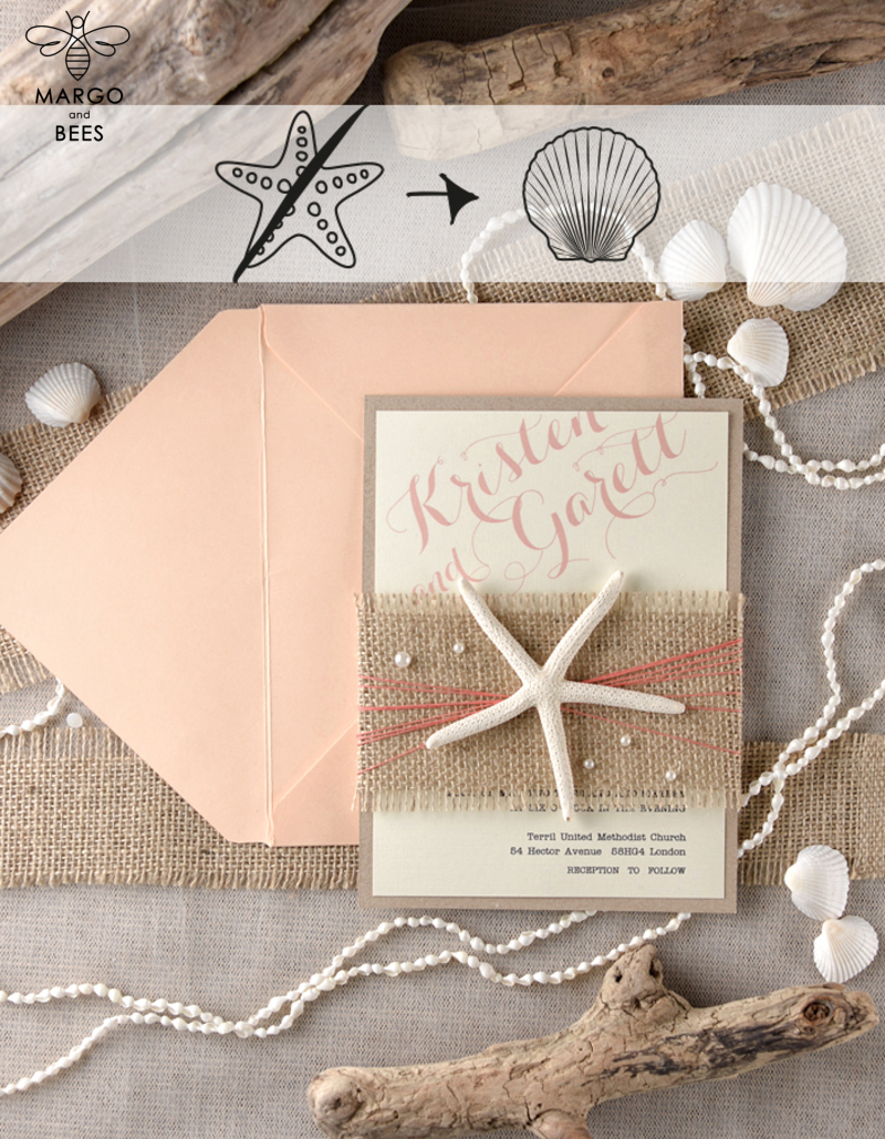 Beach Wedding invitations starfish burlap belly band  Wedding Invites destination wedding Cards with  pearls-0