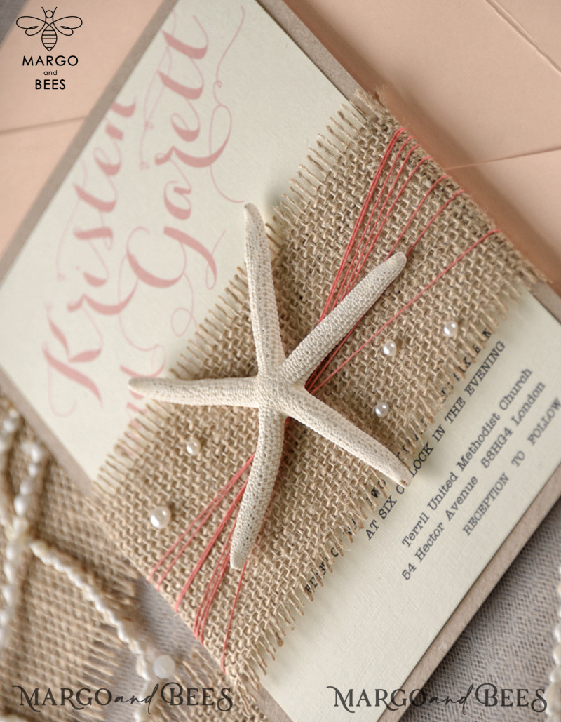 Beach Wedding invitations starfish burlap belly band  Wedding Invites destination wedding Cards with  pearls-10