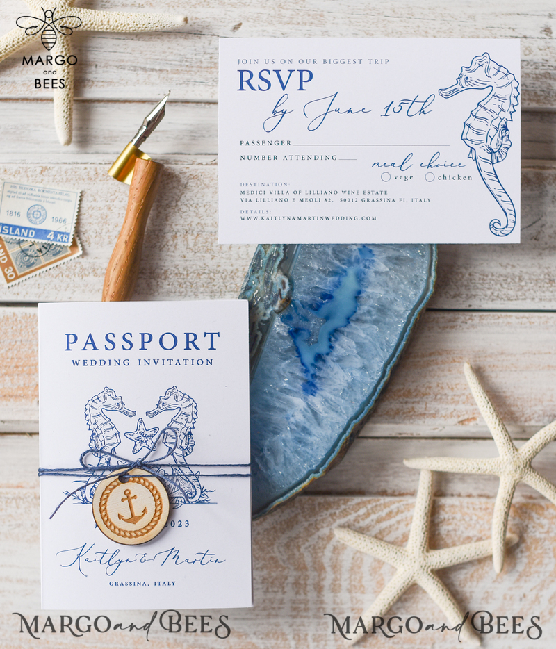 White Beach  Passport Wedding Invitation, Seahorses Wedding Cards  Boarding Pass,  Beach Passport Wedding Invitations  Abroad, -2