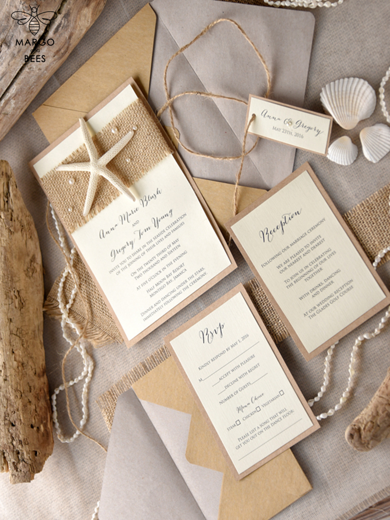 Beach Wedding invitations starfish burlap  Wedding Invites destination wedding Cards with  pearls-1