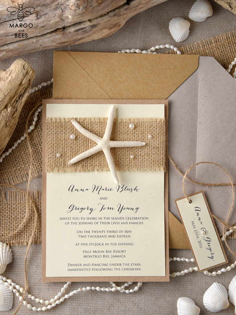 Beach Wedding invitations starfish burlap  Wedding Invites destination wedding Cards with  pearls-5