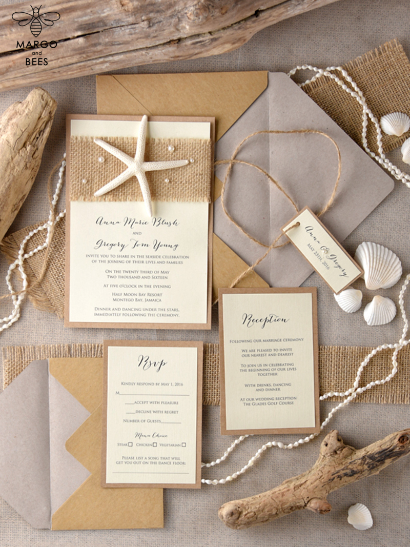 Beach Wedding invitations starfish burlap  Wedding Invites destination wedding Cards with  pearls-0
