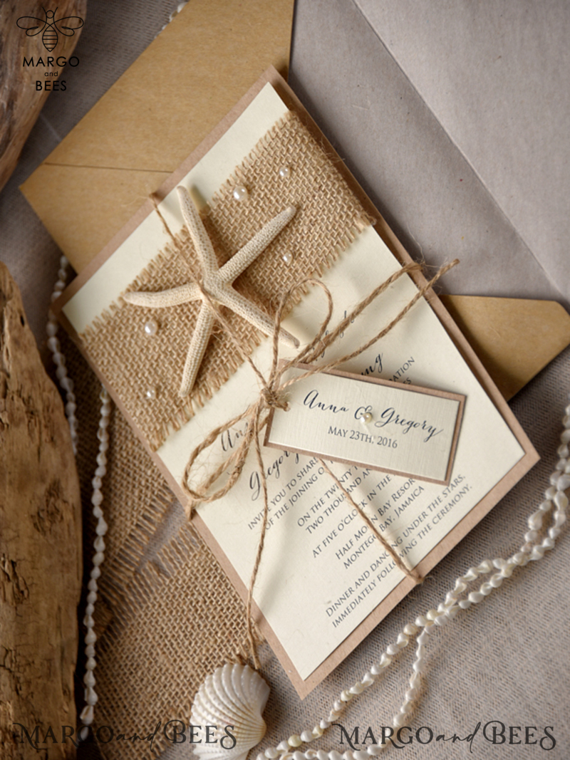 Beach Wedding invitations starfish burlap  Wedding Invites destination wedding Cards with  pearls-4