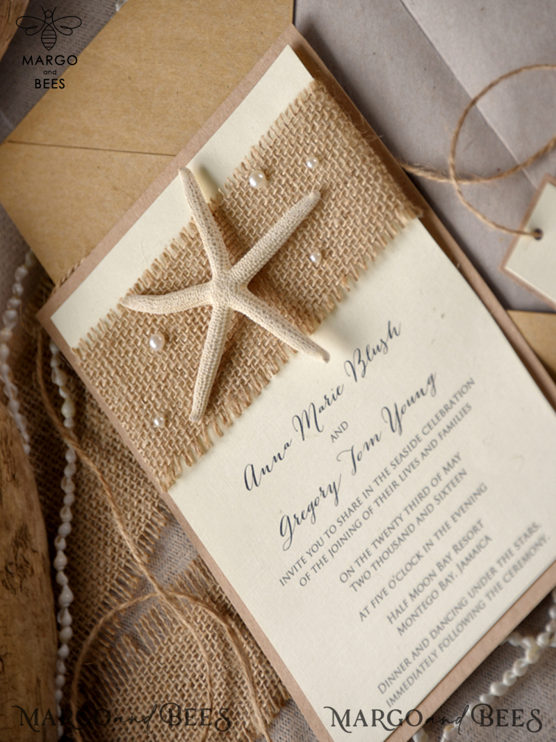Beach Wedding invitations starfish burlap  Wedding Invites destination wedding Cards with  pearls-6