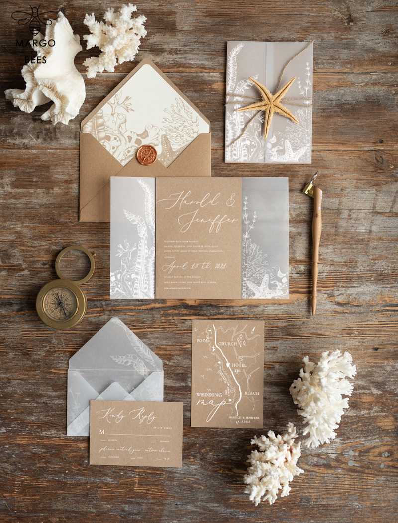 Beach  Wedding invitations Vellum wrapping Wedding Invites with starfish Rustic wedding Cards with wax seal -1