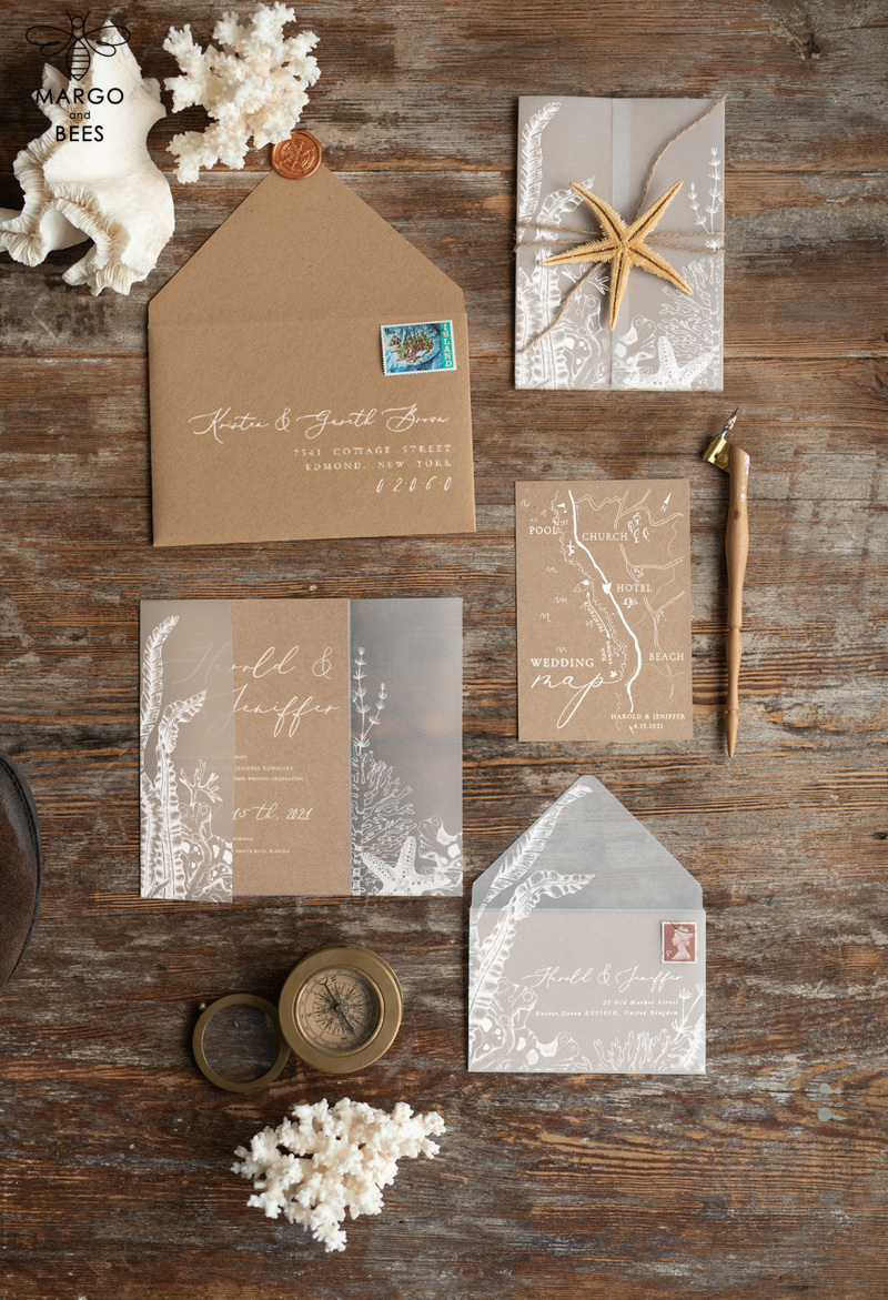 Beach  Wedding invitations Vellum wrapping Wedding Invites with starfish Rustic wedding Cards with wax seal -4