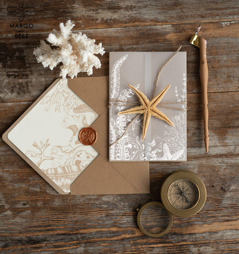 Beach  Wedding invitations Vellum wrapping Wedding Invites with starfish Rustic wedding Cards with wax seal -0