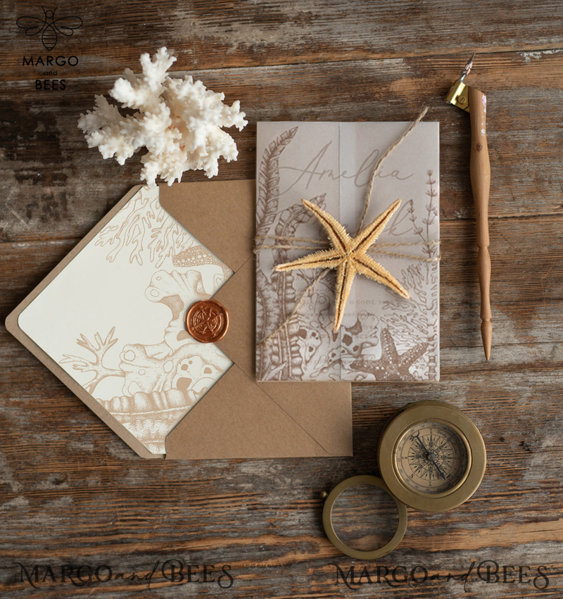 Beach  Wedding invitations Vellum wrapping Wedding Invites with starfish Rustic wedding Cards with wax seal -1