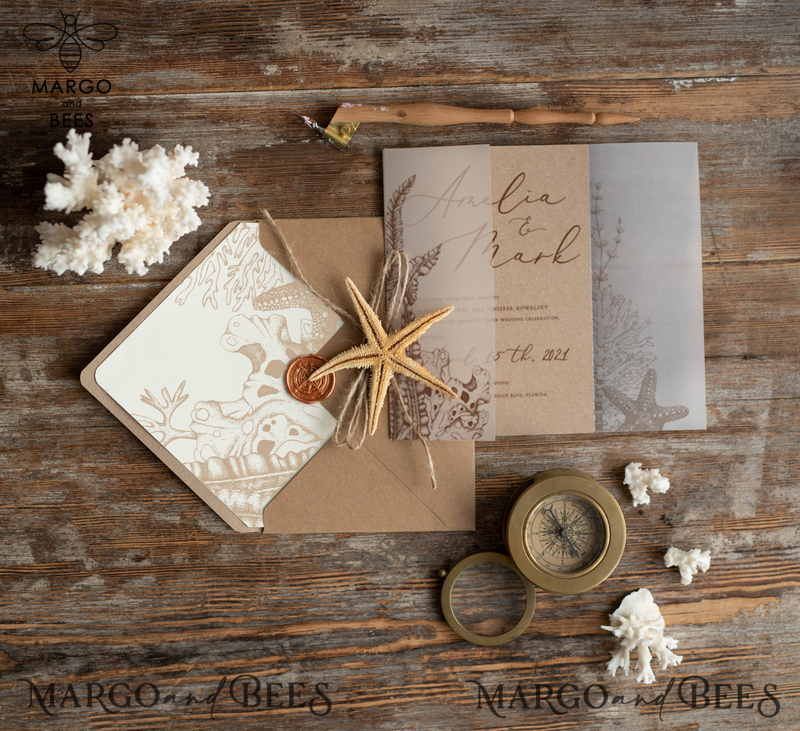 Beach  Wedding invitations Vellum wrapping Wedding Invites with starfish Rustic wedding Cards with wax seal -2