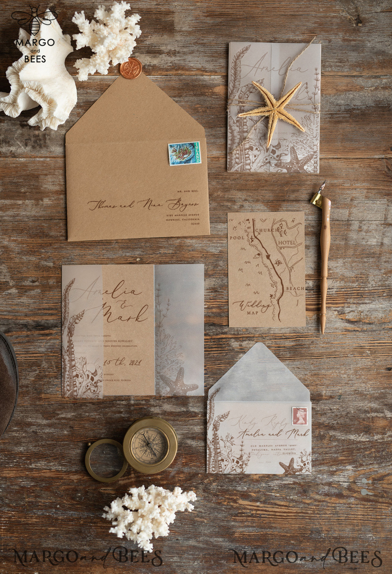 Beach  Wedding invitations Vellum wrapping Wedding Invites with starfish Rustic wedding Cards with wax seal -3
