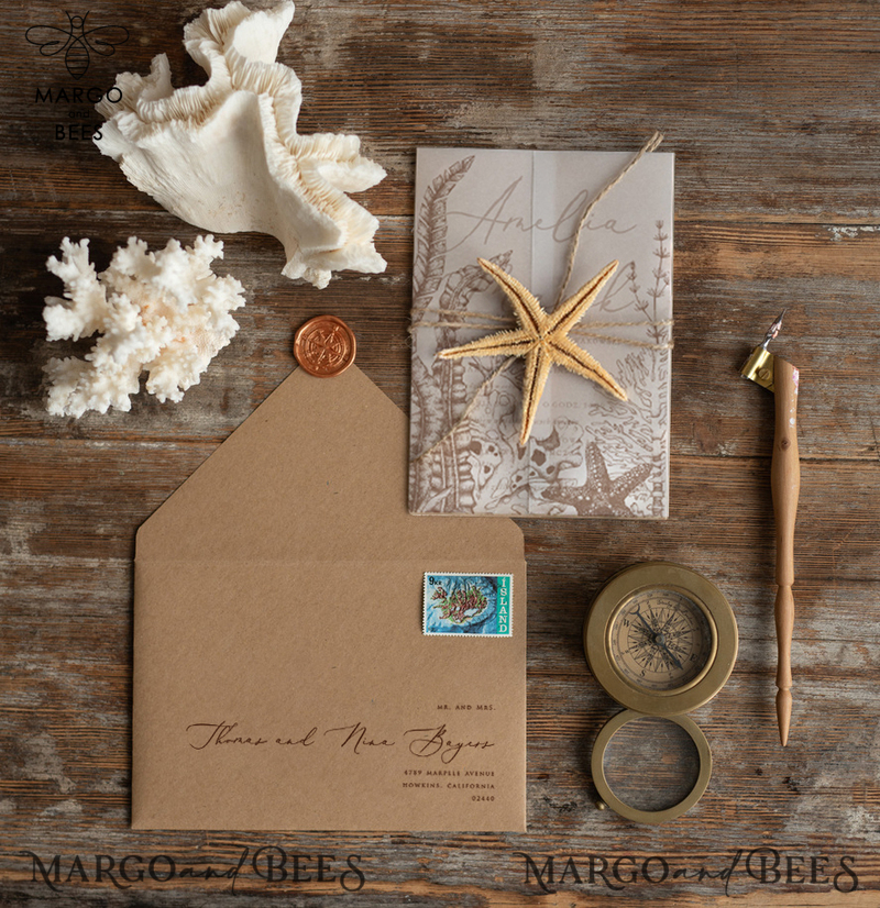 Beach  Wedding invitations Vellum wrapping Wedding Invites with starfish Rustic wedding Cards with wax seal -5