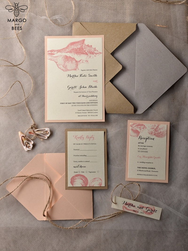 Beach Wedding invitations Seashells  Wedding Invites destination wedding Cards with  tag and twine Eco envelope-2
