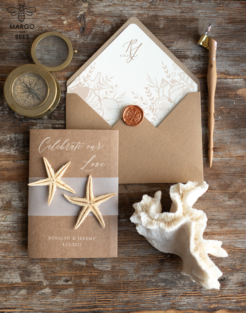 Beach  Wedding invitations Vellum bally band Wedding Invites with starfish Rustic Pocket Fold wedding Cards -1