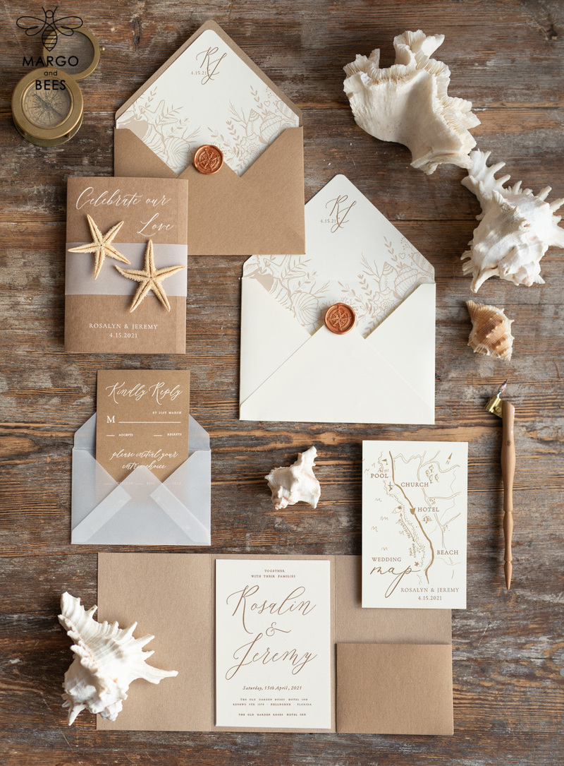 Beach  Wedding invitations Vellum bally band Wedding Invites with starfish Rustic Pocket Fold wedding Cards -4