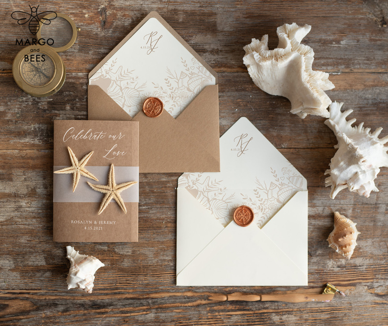 Beach  Wedding invitations Vellum bally band Wedding Invites with starfish Rustic Pocket Fold wedding Cards -5