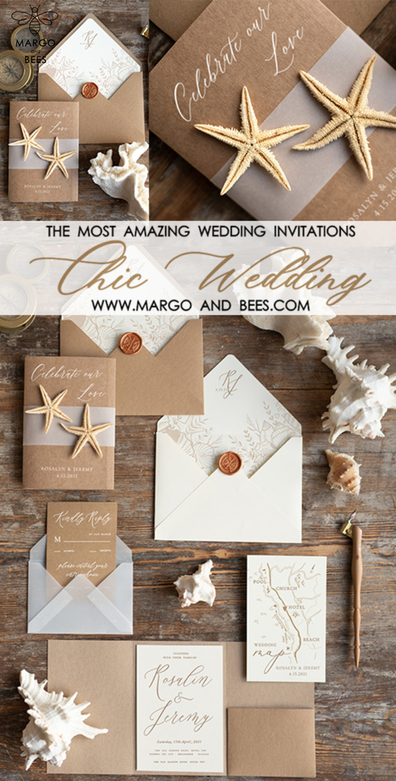 Beach  Wedding invitations Vellum bally band Wedding Invites with starfish Rustic Pocket Fold wedding Cards -6