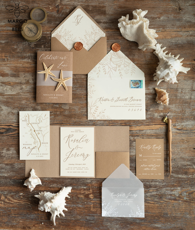 Beach  Wedding invitations Vellum bally band Wedding Invites with starfish Rustic Pocket Fold wedding Cards -0
