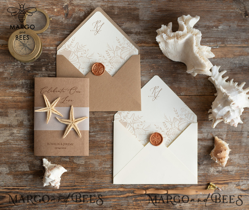 Beach  Wedding invitations Vellum bally band Wedding Invites with starfish Rustic Pocket Fold wedding Cards -2